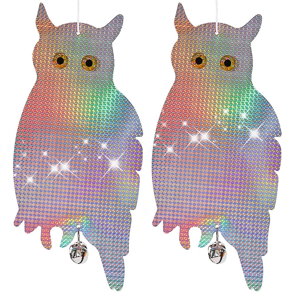 ortiza 2Pcs Reflective Anti-bird Hangings for Garden 17.3 inch Double Sided Reflective Owl Hangings with Bell, Bird Repellent Ornaments Bird Deterrence for Porch, Balcony, Tree, Orchard-picture-1