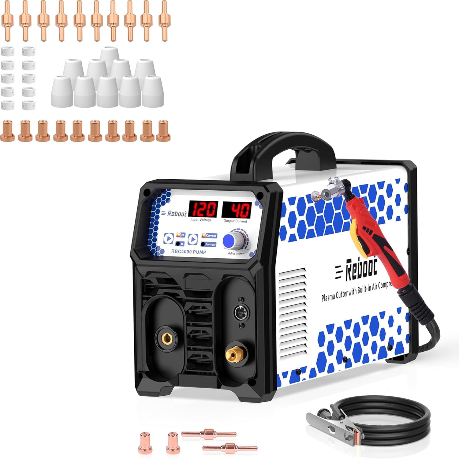 Reboot Plasma Cutter With Built In Air Compressor 40A 120V 3/8 Inch Clean Cut And 3/5 Inch Max Cut High Frequency With 40 PCS Nozzle Electrode Extended Long Tip Shroud Shield Cup