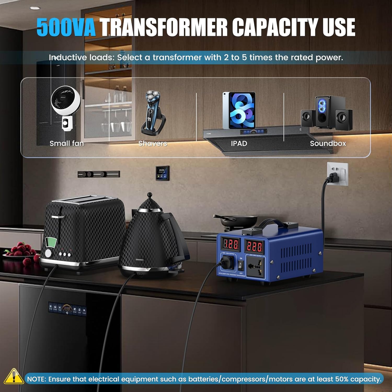 500 watt Voltage Conversion Transformer Heavy-Duty Step-up/Step-Down AC 110V/120V/220V/240V Power Conversion, with resettable Circuit Breaker Protection, with US Power Cord, LCD Display