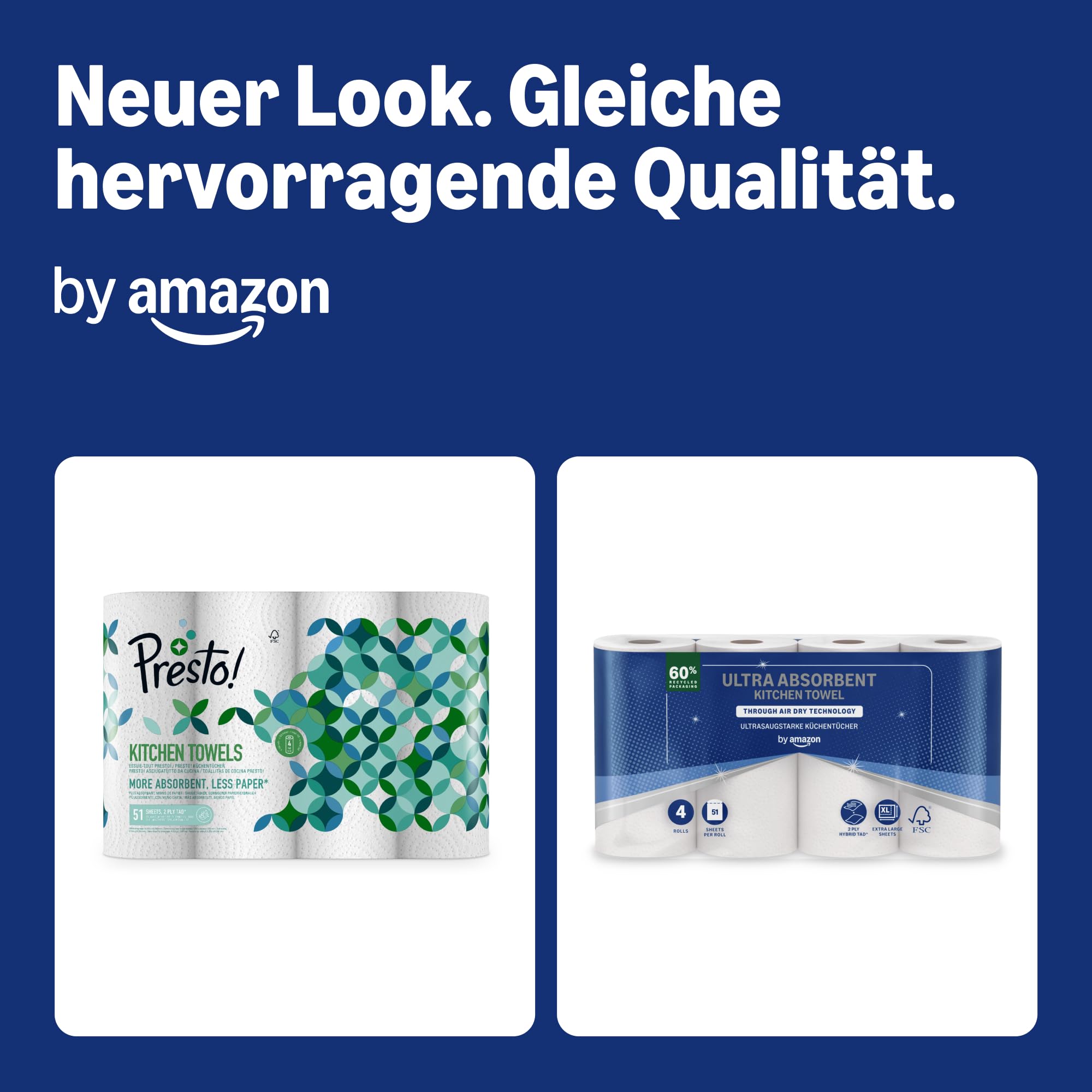 by Amazon Ultra-saugfähige TAD-Küchenrolle, 32 Rollen (8 Packungen à 4), 51 Blätter pro Rolle, FSC-zertifiziert (früher “Presto!”)