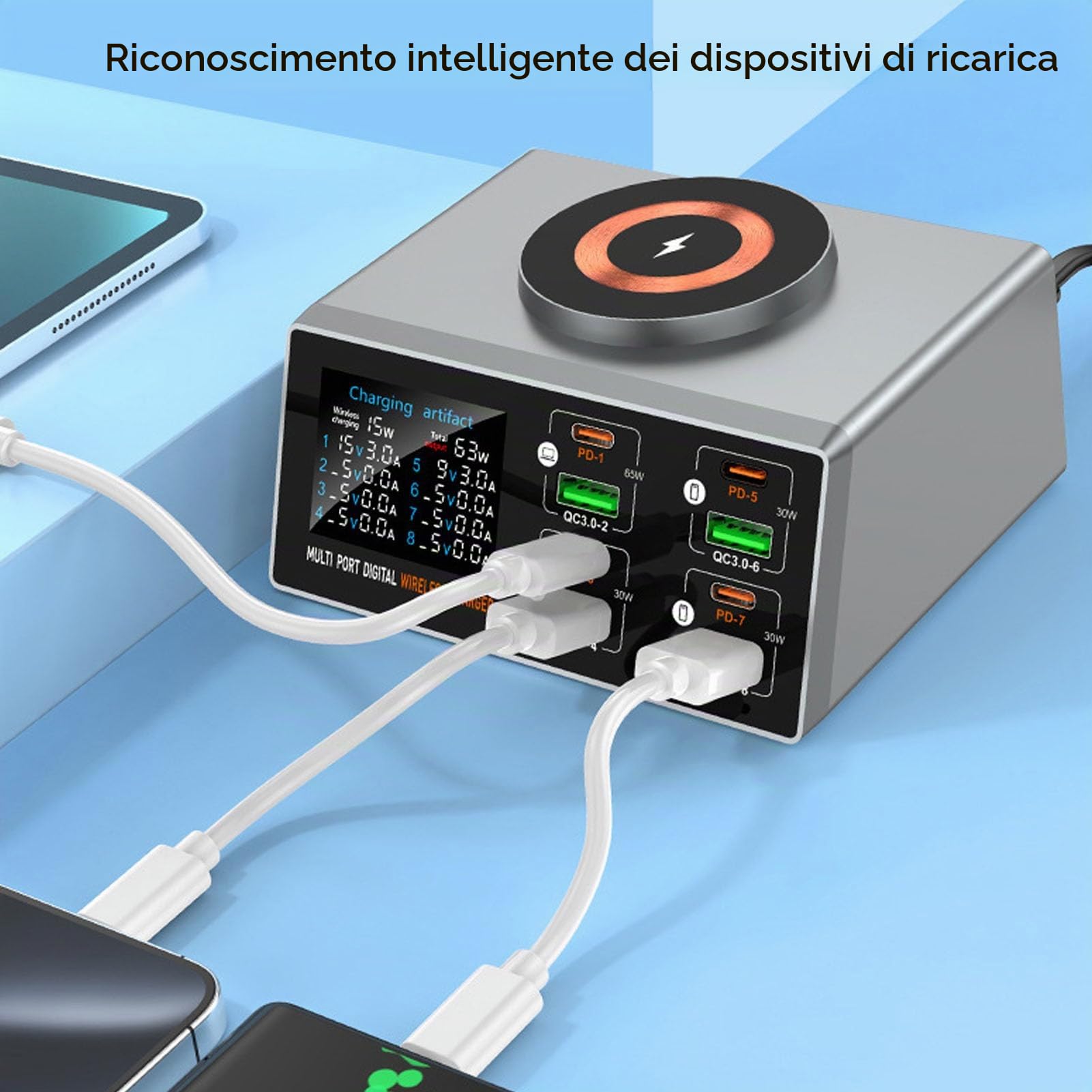 Stazione di Ricarica, Caricabatterie Tavolo 140W con Display LCD, Multiporta con PD da 65W, QC3.0, Ricarica Wireless Magnetica 15W, Supporta 9 (Spina europea)