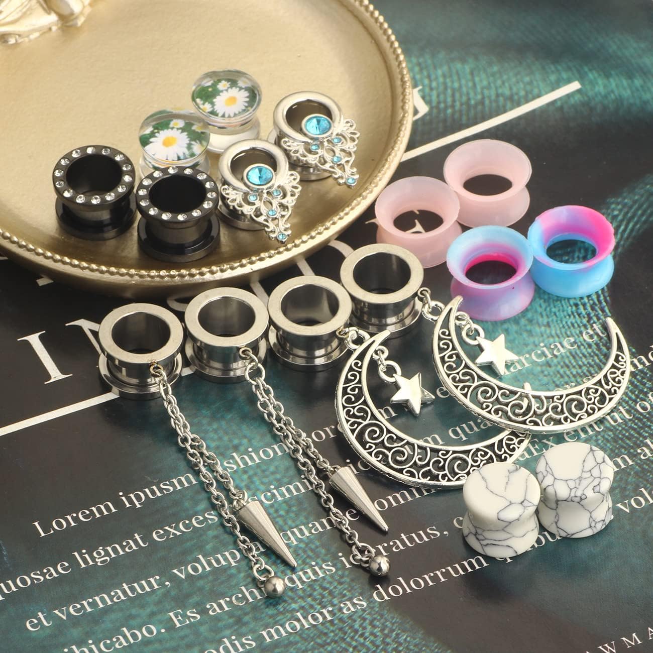 8 Pairs 00 Gauges for Women Dangle Plugs Ear Tunnels Moon Star Silicone Earrings Stretcher Stone for Ear 0g 2g -16mm 5/8'' Inch - Image 3