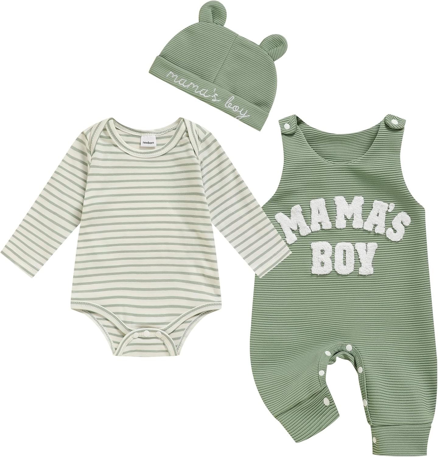 Viworld Newborn Baby Boy Clothes Mama’s Boy Overalls Striped Long Sleeve Romper Hat 3Pcs Fall Winter Outfits