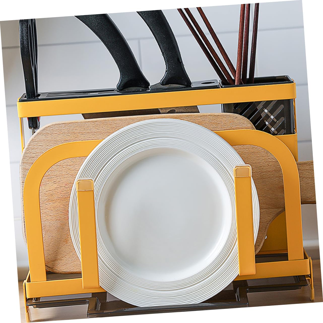 1Pc Multifunctional Cutting Board Rack and Utensil Holder Yellow Kitchen Storage Organizer for Knives and Chopsticks Space Saving Design with Slip Features for Home and Restaurant