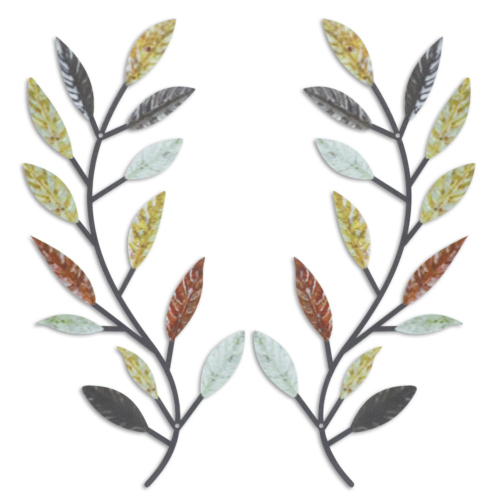 Zhengmy 2 Pieces Metal Tree Leaf Wall Decor Vine Olive Branch Leaf Wall Art Wrought Iron Scroll Above The Bed, Living Room, Outdoor Decoration (Multi Color)