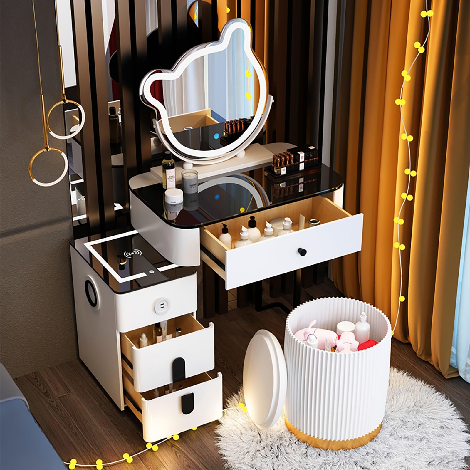 asdchZen Vanity Table With Mirror & Lights Makeup Desk With Cushioned Stool Dressing Table With Drawers & Retractable Side Cabinet For Girls & Women Grey 71X41X77Cm,White-70x40x76cm