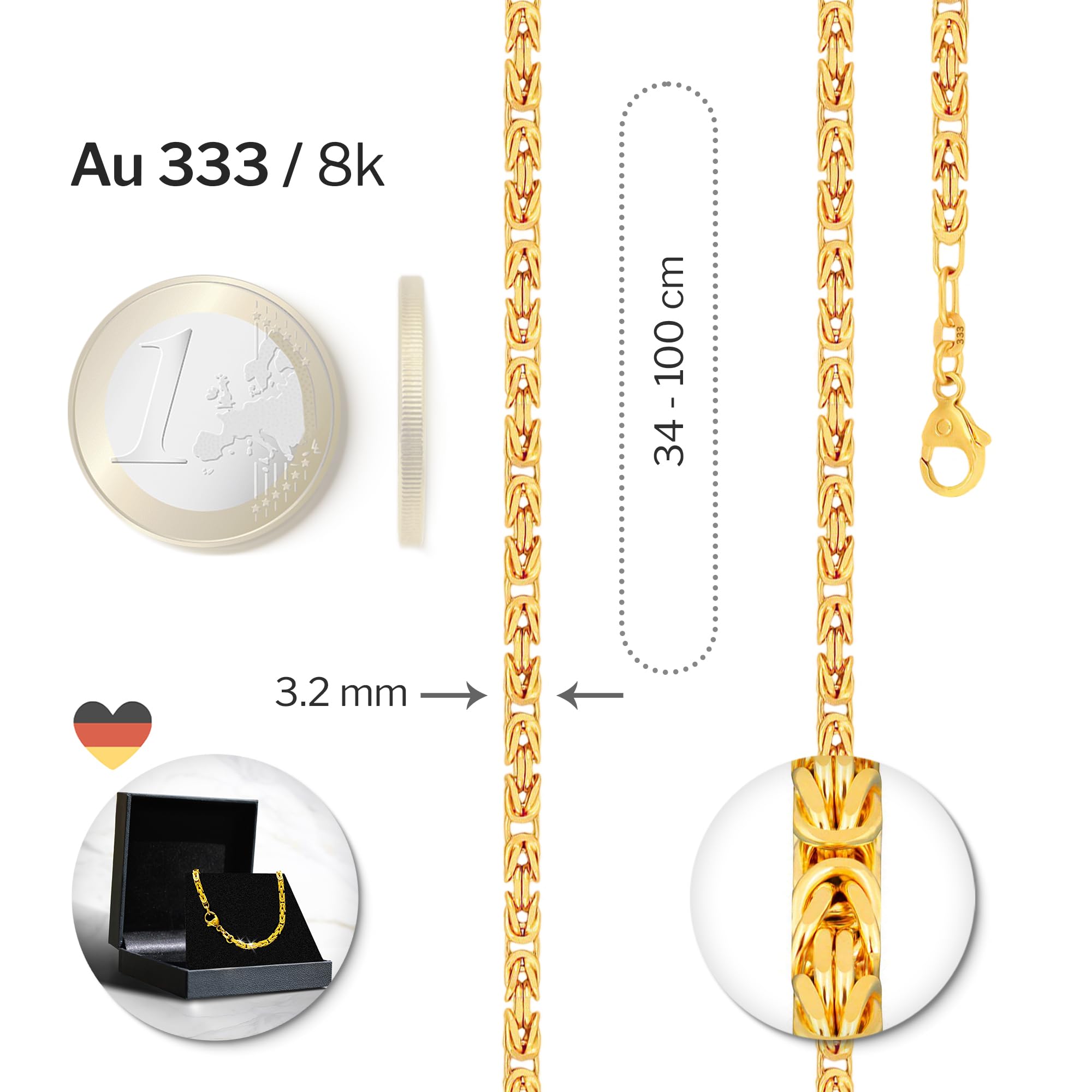EDELIND Cadena bizantina de oro amarillo 333 585 o 750 de oro auténtico I Cadena de oro de 3,2 mm con sello I Collar Mujer Hombre I Joyas de Oro Mujer con Caja de Regalo