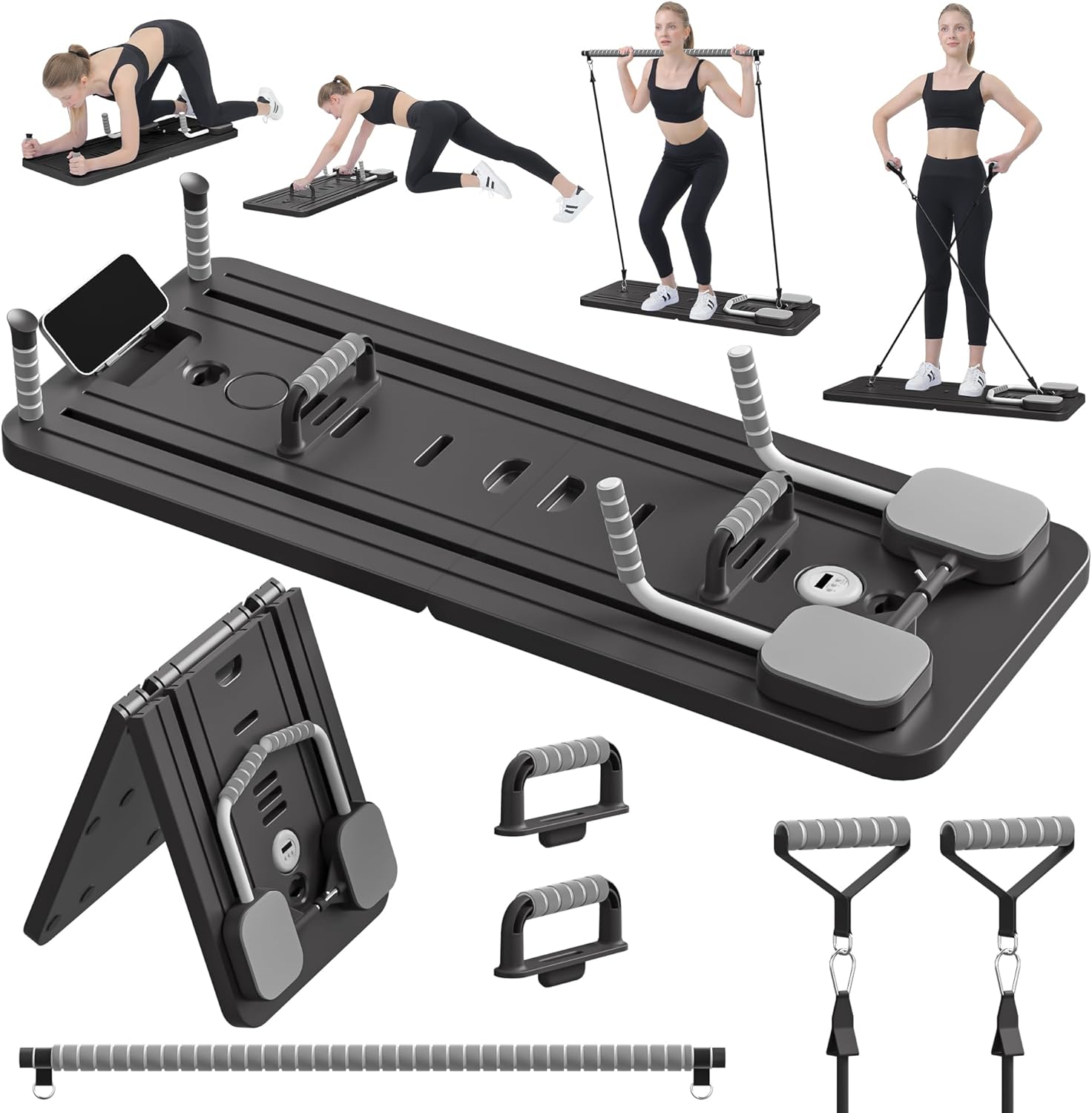 JANUA Pilates Board - Pilates Reformer Set, Multi-Purpose Foldable Pilates Reformer Board for Home, 5 in 1 Pilates Sliding Board Black Set