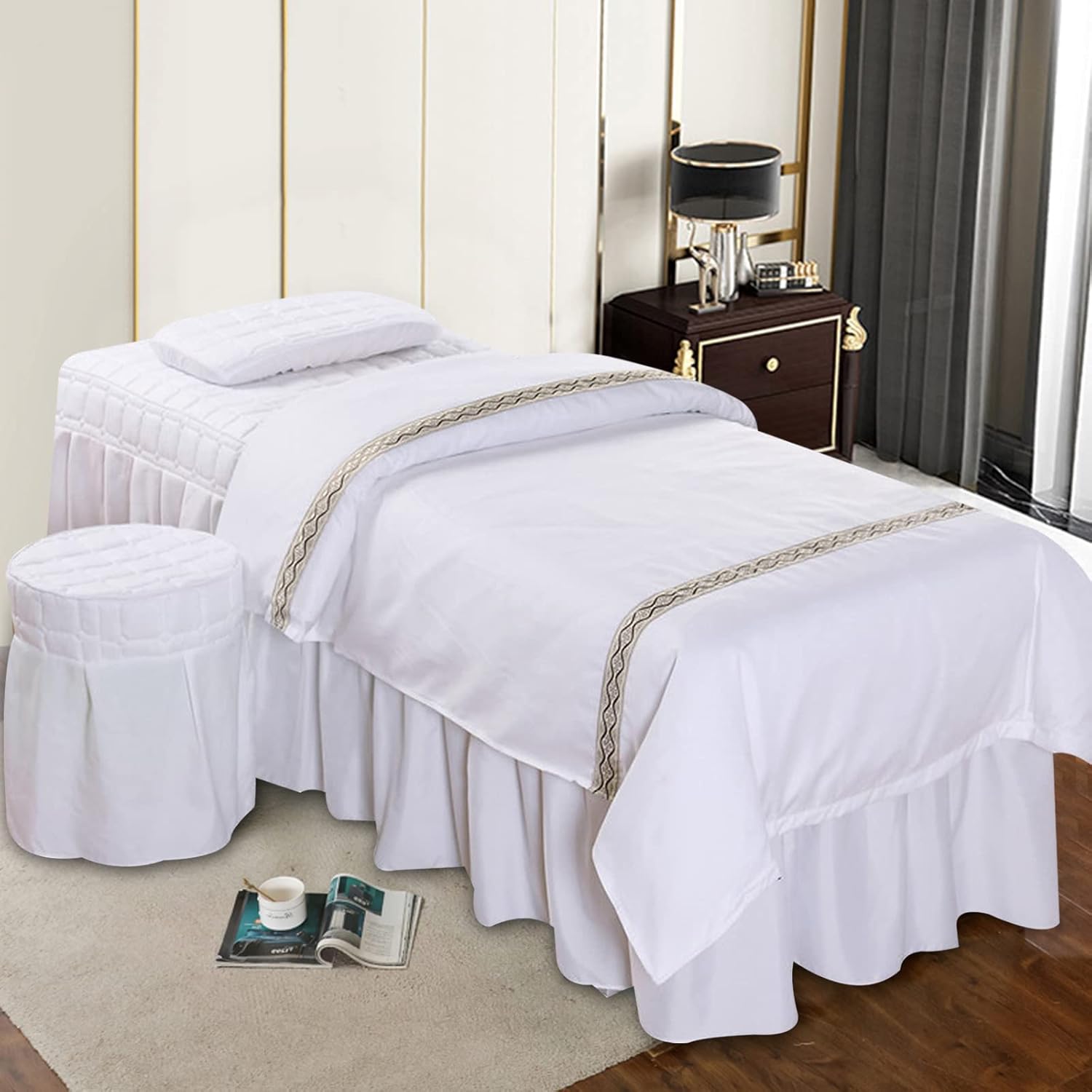 TFCFL Massage Table Skirt Solid Color Massage Table Sheet Sets Bed Valance Sheet Table Skirt Natural Massage Linen Salon Bed Cover Bedspreads Bedding (White,1 Set, 180x120CM/70.87x47.24Inch) : Beauty & Personal Care