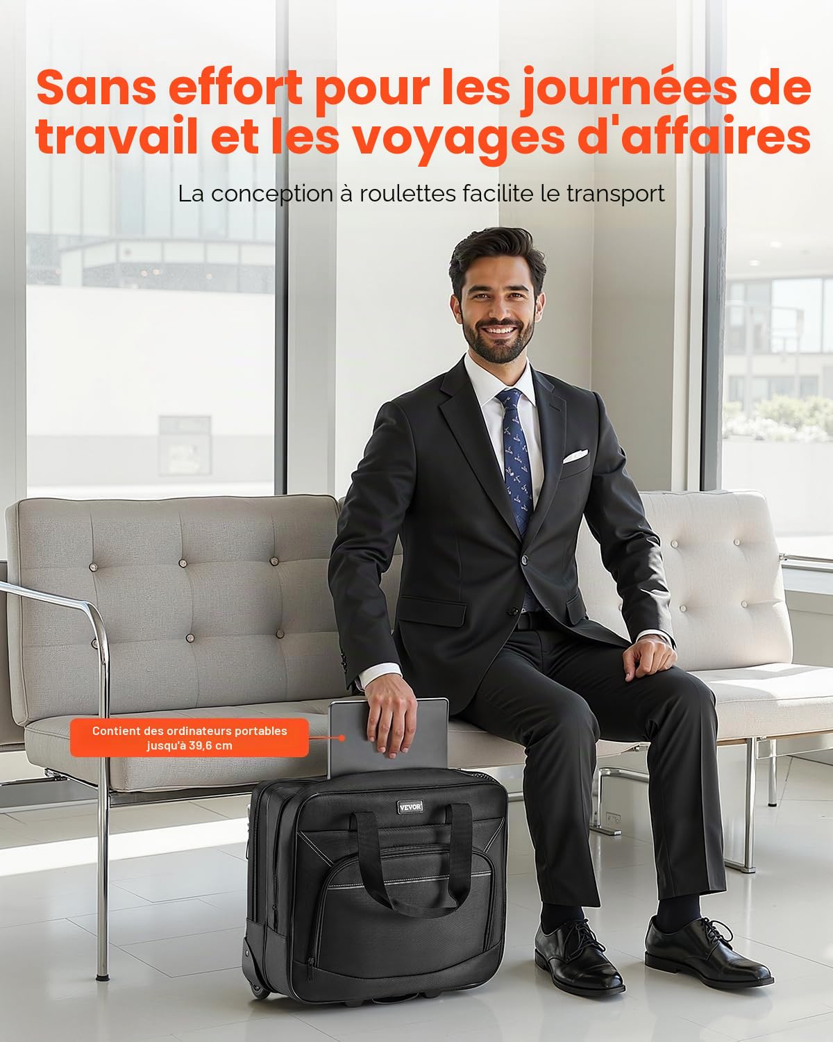 VEVOR Sac à roulettes pour Ordinateur Portable 15,6 Pouces, Mallette à roulettes pour PC, Poignée Télescopique à 4 Hauteurs, Tissu Oxford 1680D, pour Travail, Voyages d'affaires, Femmes, Hommes, Noir