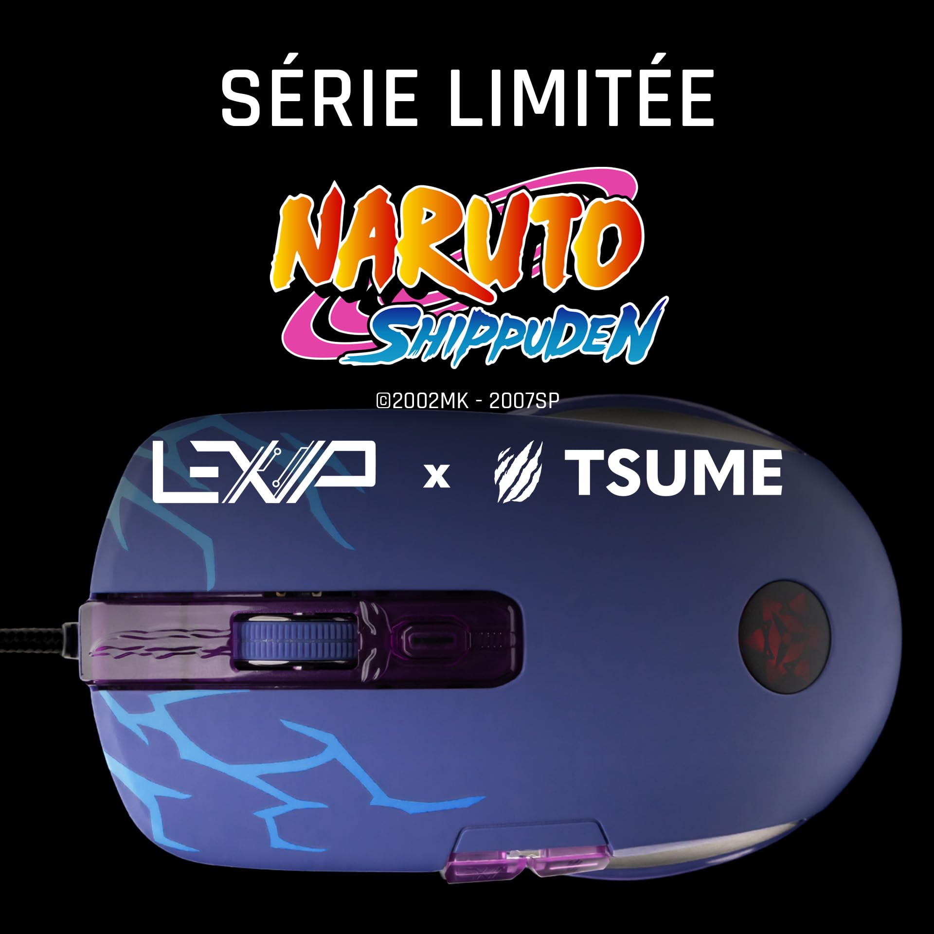 Lexip x Tsume - Souris Naruto Shippuden - Joystick de Pouce analogique - 12 Boutons et Actions programmables - Poids Ajustable - Capteur Optique PAW3327 de 100 à 12 000 DPI (Sasuke)