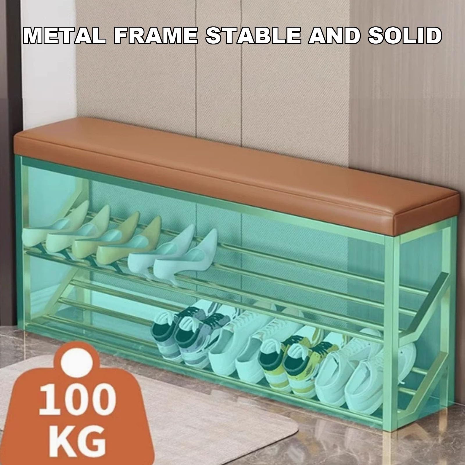 Schmaler Schuhwickelhocker – 2-stöckiges Schuhregal aus PU-Leder für den Eingangsbereich, stilvoller Flurhocker mit gepolstertem Sitz und Metalldesign für Wohnzimmer – Kompaktes Grau (40 x 20 cm)