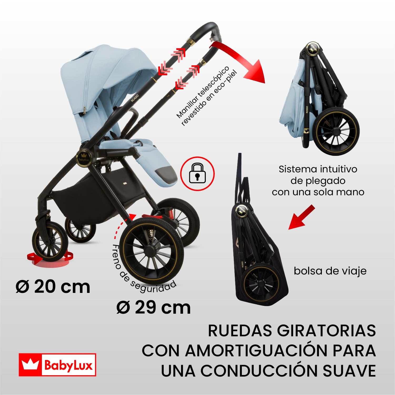 BabyLux® Carrito Bebe 2en1 ROSSO, Conjunto de Cochecito Ligero y Plegable Que Incluye Capazo, Silla de Paseo, Bolso Cambiador y Más Accesorios, 4 Posiciones de Reclinado, 0-22kg, Protección UV 50+