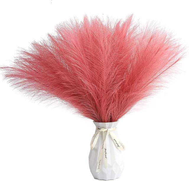 VEYLIN Artificial Pampas Grass, 6 Pack Pink Fluffy Faux Pampas Branches for Table Home Office Decorations, 43CM/17 Inch