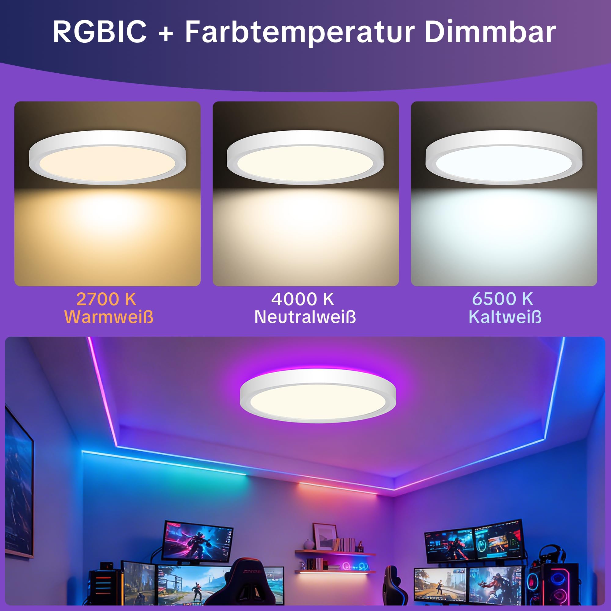 LED Deckenleuchte Dimmbar 50CM, 36W RGB Deckenlampe Farbwechsel mit Fernbedienung, 2700K-6500K Flach Badezimmer Lampe Decke für Bad Kinderzimmer Schlafzimmer Wohnzimmer, Rund