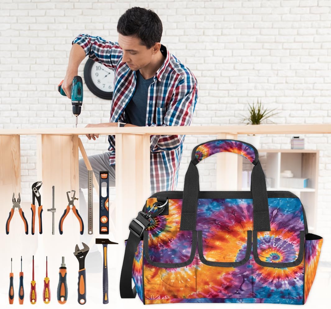 Rotation Tie Dye Tool Bags for Men Women Multi-Pockets Wide Mouth Tool Organizer Storage Tote Bag Waterproof Stroage Bags with Adjustabe Shoulder Straper for Car Electrician Garden