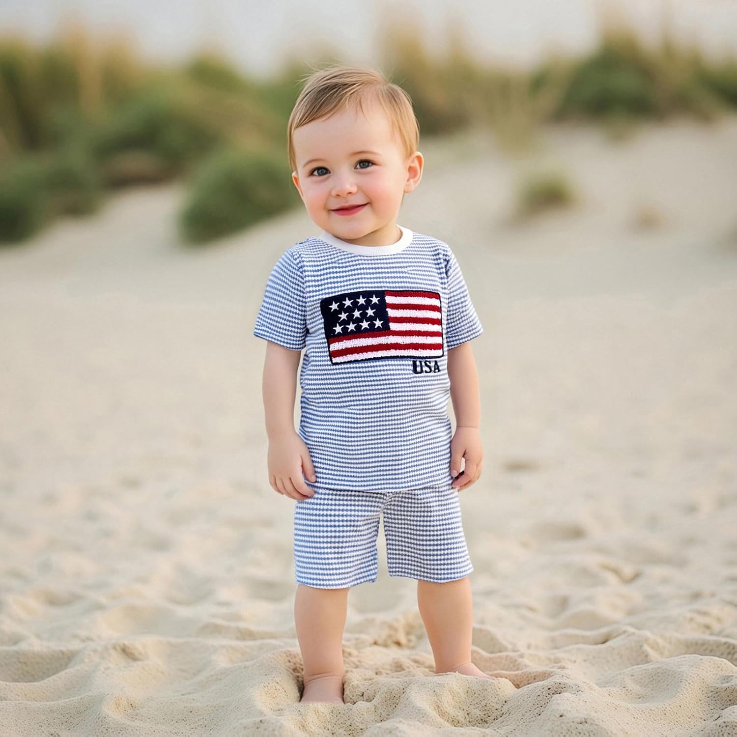 Baby Boy 4th of July Outfit Flag Usa Embroidery Short Sleeve Tops Striped Shorts Set Toddler Waffle 2 Piece Clothes