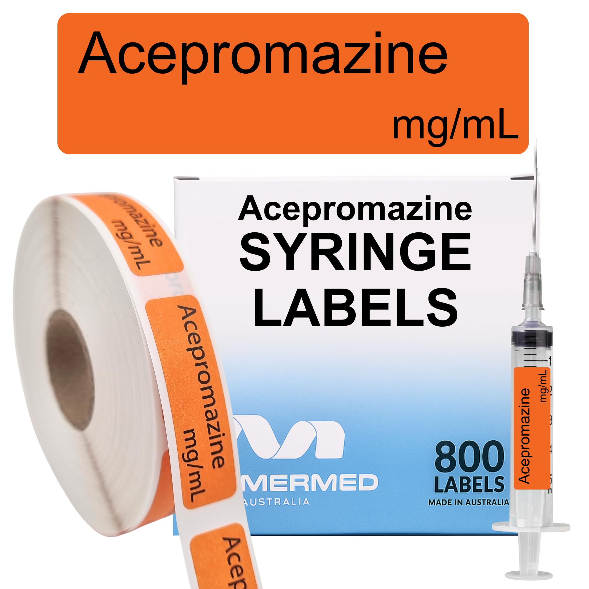Acepromazine mg/mL Anesthetic Syringe Drug Labels - Box of 800 Labels on Roll (1" Core) - 12mm x 40mm (Approx 0.5" x 1.5"). Latex-Free Permanent Adhesive. Write-On Surface. Pre-Printed. Color-Coded. — image 1
