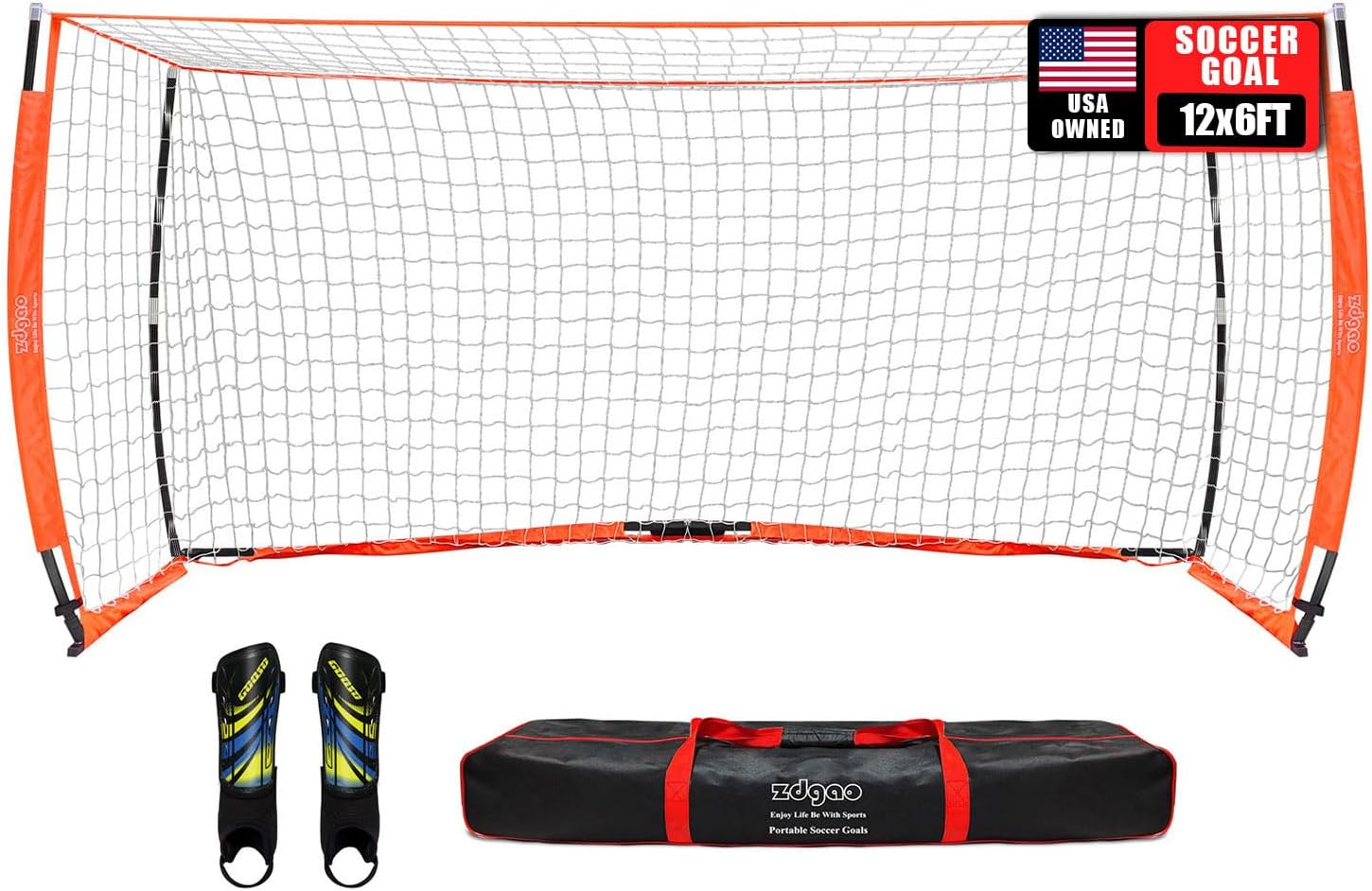 Soccer Goal for Backyard | Portable Soccer Goal Net Collapsible Metal Base | Easy Setup | Portable Net for All Ages| 1 Pair Shin Guards+ 1 Goal + 1 Carry Bag | Size 6x4FT or 12x6F