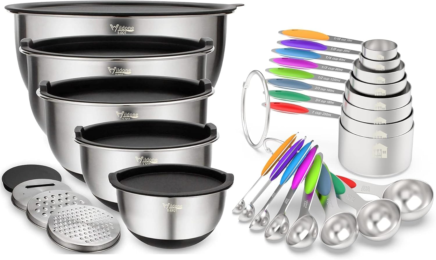 Wildone Stainless Steel Mixing Bowls Set with Airtight Lids, 3 Grater Attachment & Non-slip Bottoms and Multicolor 16 Piece Measuring Cups and Spoons Set