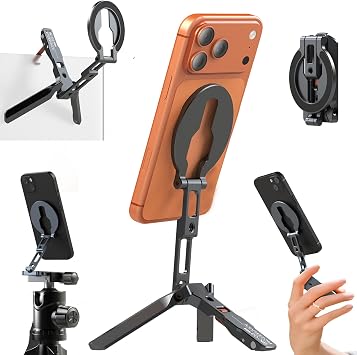 MOSENVKA Ultra-Compact Magnetic Tripod Phone Stand | Foldable Hook Design,N52 Magnets,Cold Shoe &Arca-Swiss&1/4" Screw-Aluminum Phone Stand for iPhone 12-17 for MagSafe Devices