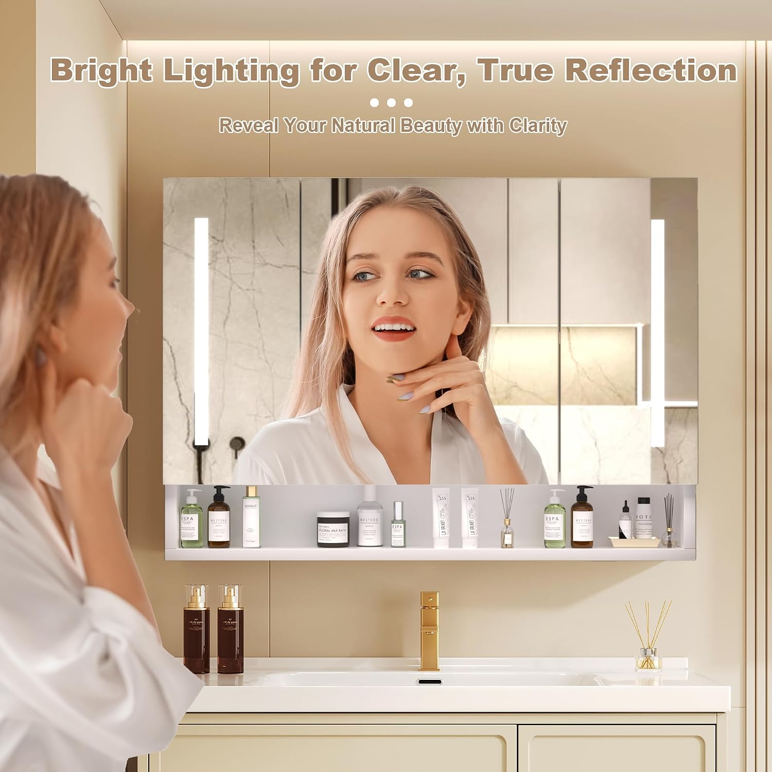 Runboll Medicine Cabinet with Mirrors and LED Lights, 39 x 28 inch Aluminum Bathroom Storage Cabinet with Anti-Fog & Light Buttons, 3 Mirrored Doors Mirrored Cabinets Wall Mount for Bathroom