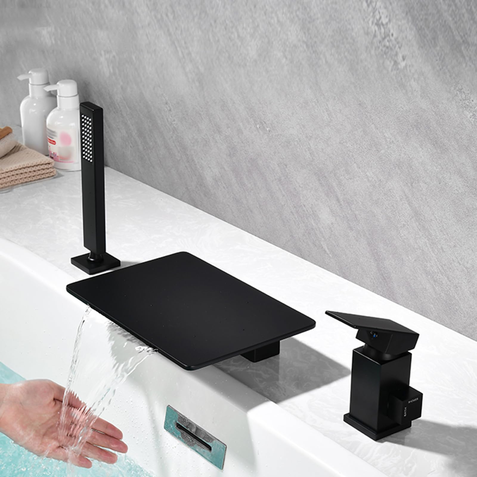 SnamicE Bath Taps Black Bath Mixer Taps with Shower Waterfall Shower Head and Hose Set for for Bathtub and Shower,Black