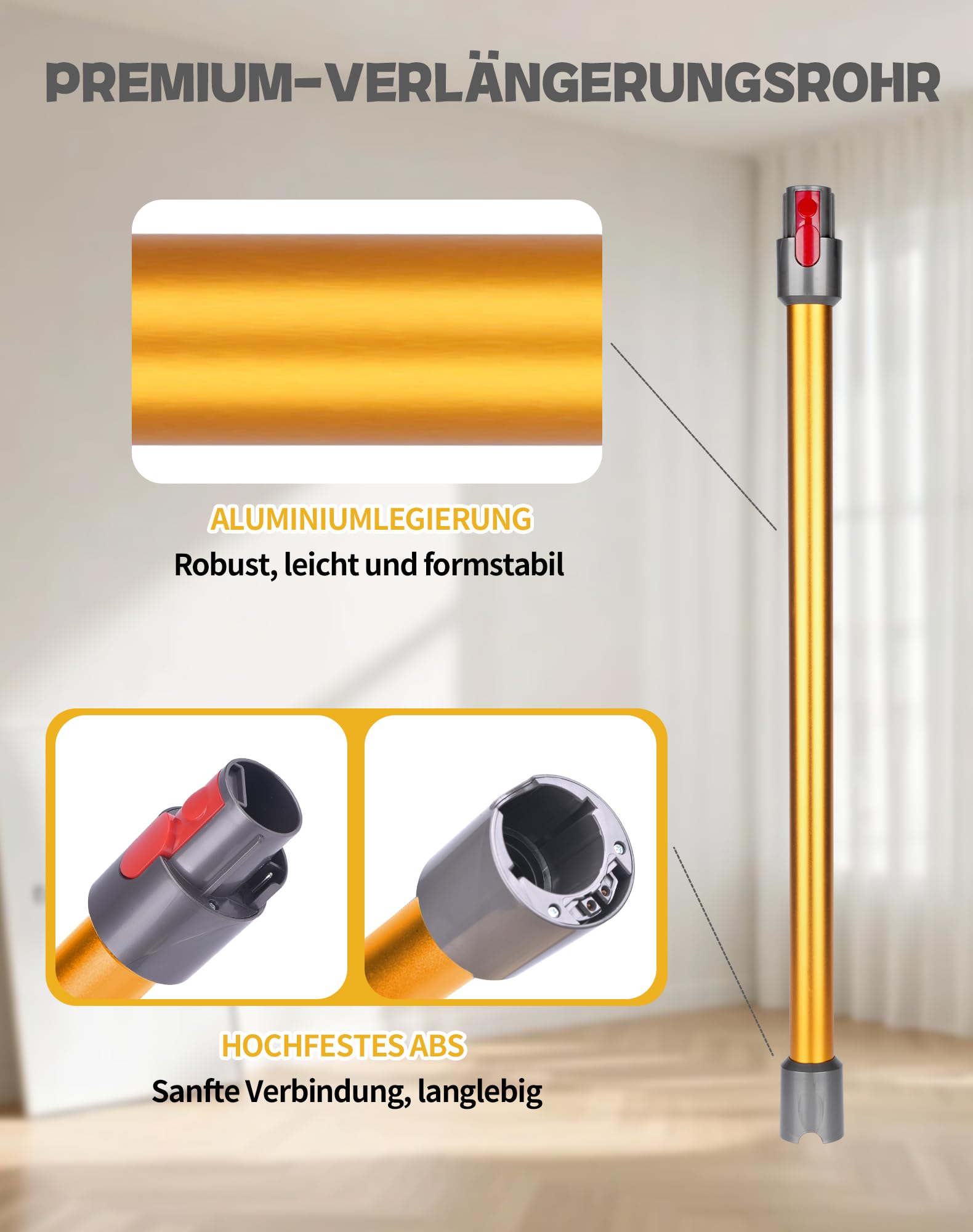 Verlängerungsrohr für Dyson V7 V8 V10 V11 V15 – Ersatz-Rohr aus Aluminium, Schnellverschluss, Robust & Leise, 72.5 cm, Gelb