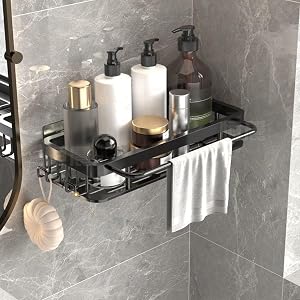 Heiegdr Shower Organizer and Storage Aluminum Shower Caddy Adhesive Bathroom Shelves No Drill Wall Mount Bathroom Rack with