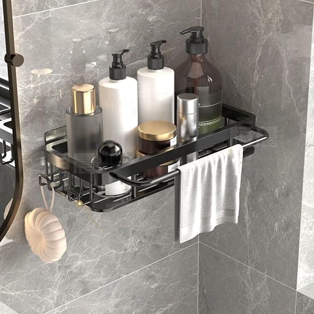 Heiegdr Shower Organizer and Storage Aluminum Shower Caddy Adhesive Bathroom Shelves No Drill Wall Mount Bathroom Rack with
