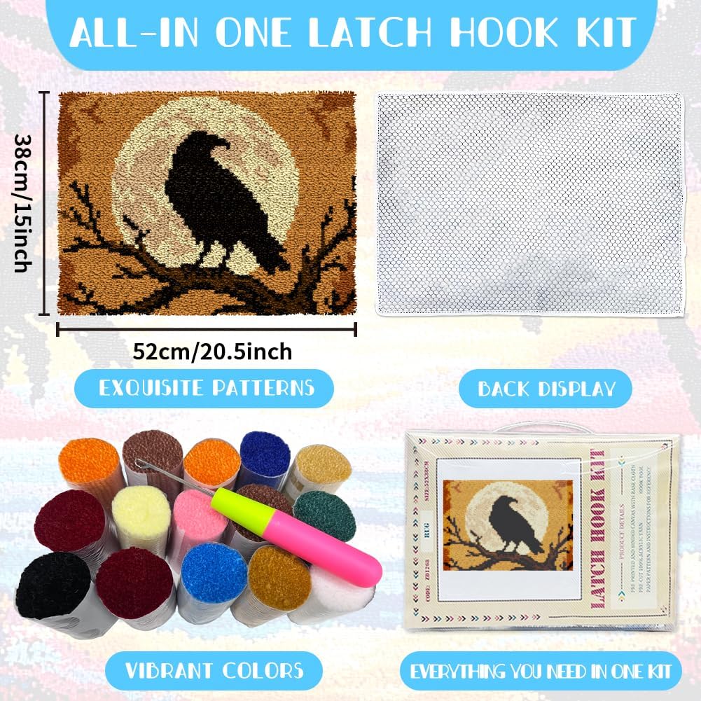 ORIGACH Black Raven & Moon Latch Hook Rug Kit for Adults Printed Rug Making Kit Handmade Carpet Tapestry Cover with Hook Latch and Preprinted Canvas, Home Arts Crafts Sofa Decor, 20.5x15inch