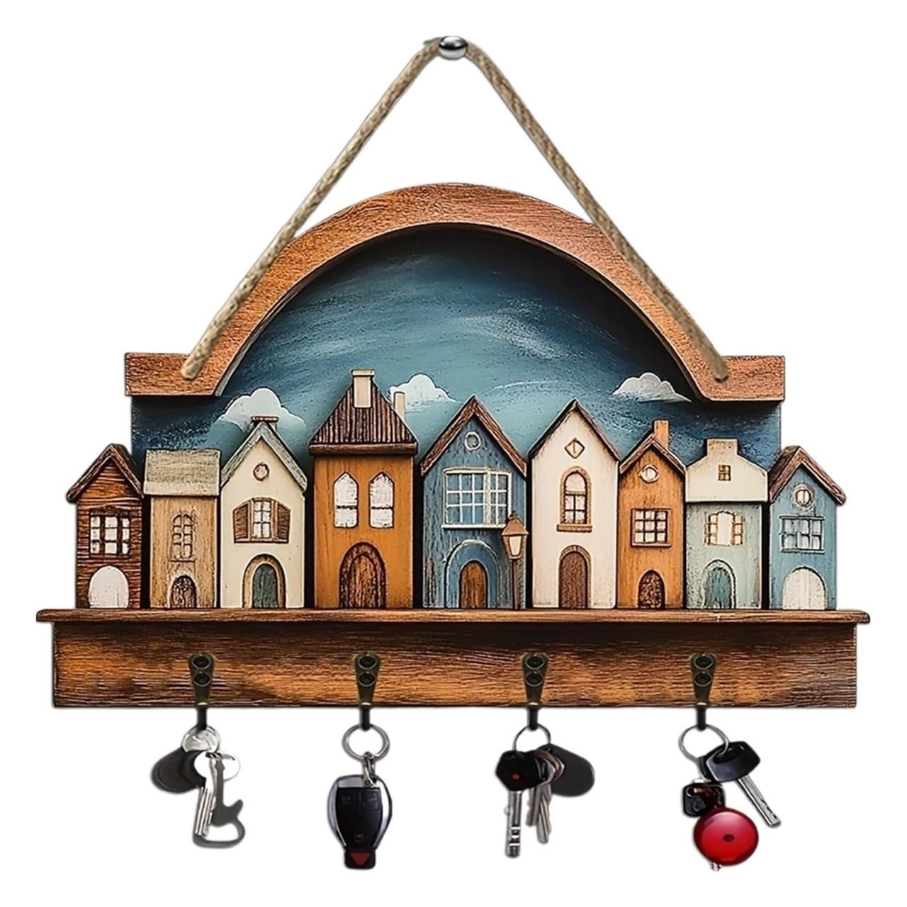 FENZORIQ Cozy Urban 2D Wooden Key Hanger, Stylish Wall Art Ornament Decor for Home & Porch