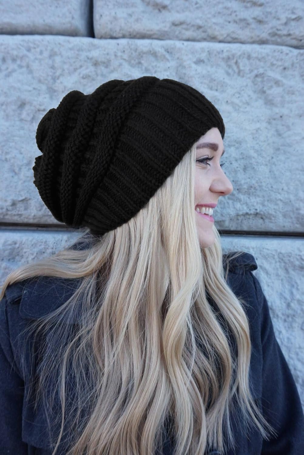 2 Packs Winter Hats for Women Beanie Satin Lined Acrylic Cable Knit Chunky Warm Soft Slouchy Cuffed Cap - Image 2