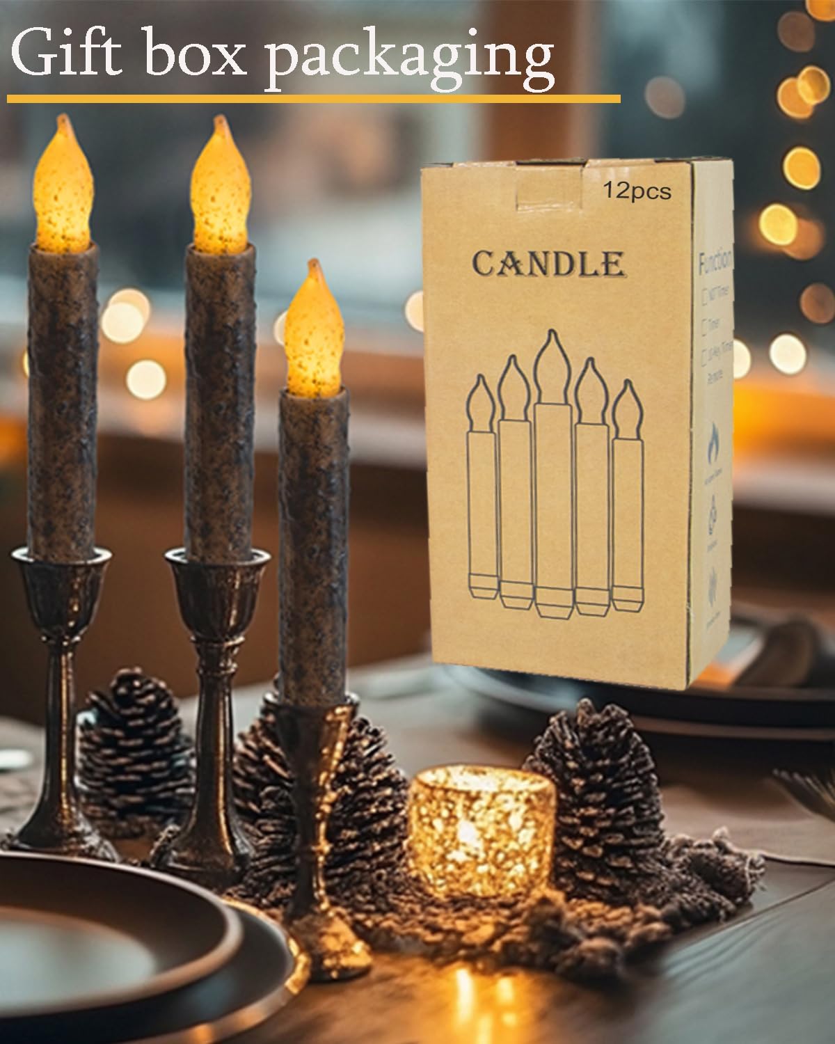 12Pcs Primitive Taper Candles with Timer Remote 6.5'' Hand Dipped Real Wax Rustic Flameless Candle for Vintage Home Kitchen, Country Room, Christmas Halloween Decor