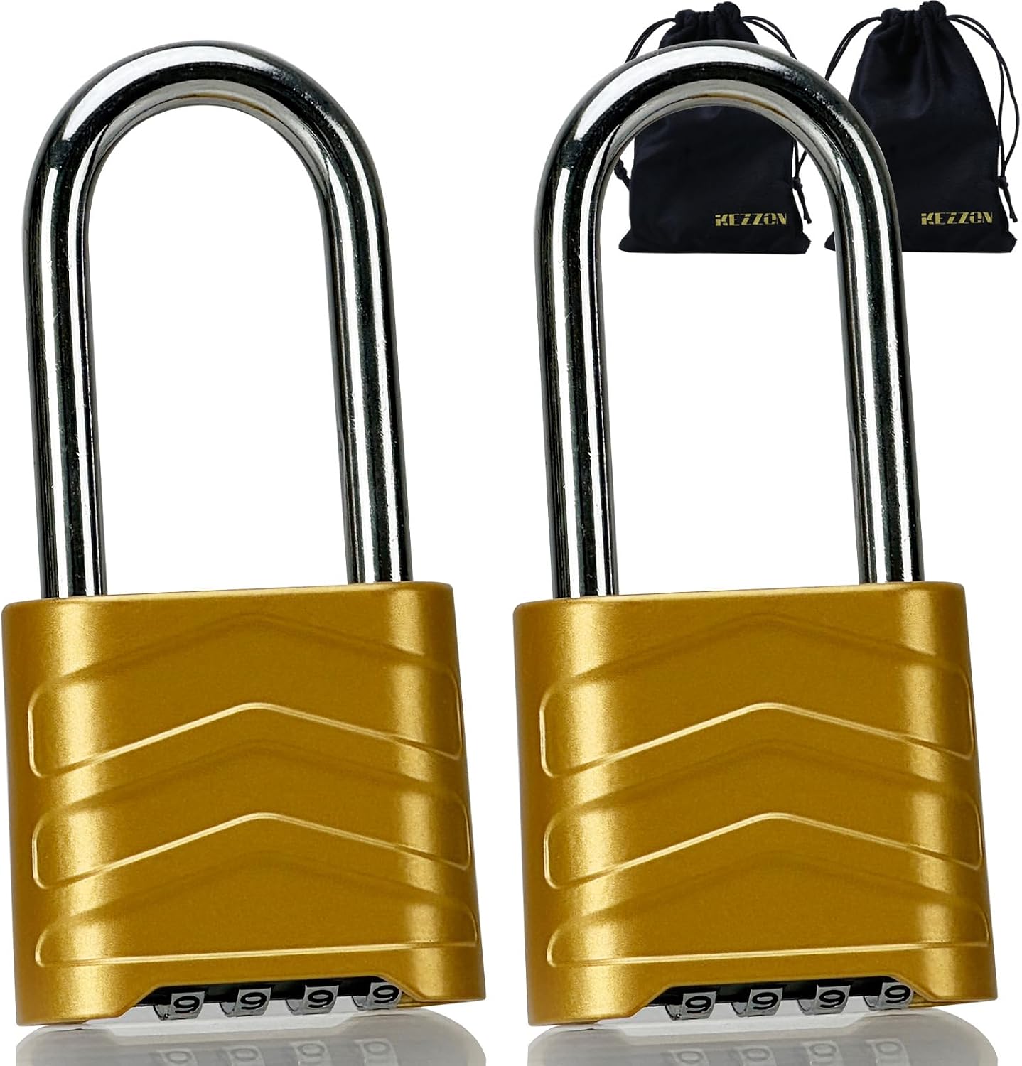 Combination Padlock, Outdoor Combo Lock 2.2" 55mm Heavy Duty Weatherproof, Ressetable 4 Digital, Security Aluminum Body (2 Pack, Gold, Long)