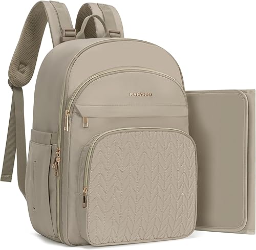 Miniatura 12 de KABAQOO Mochila para pañales de bebé, mochila impermeable para pañales para mamá y papá con cambiador, bolsillos aislados y correas para cochecito,