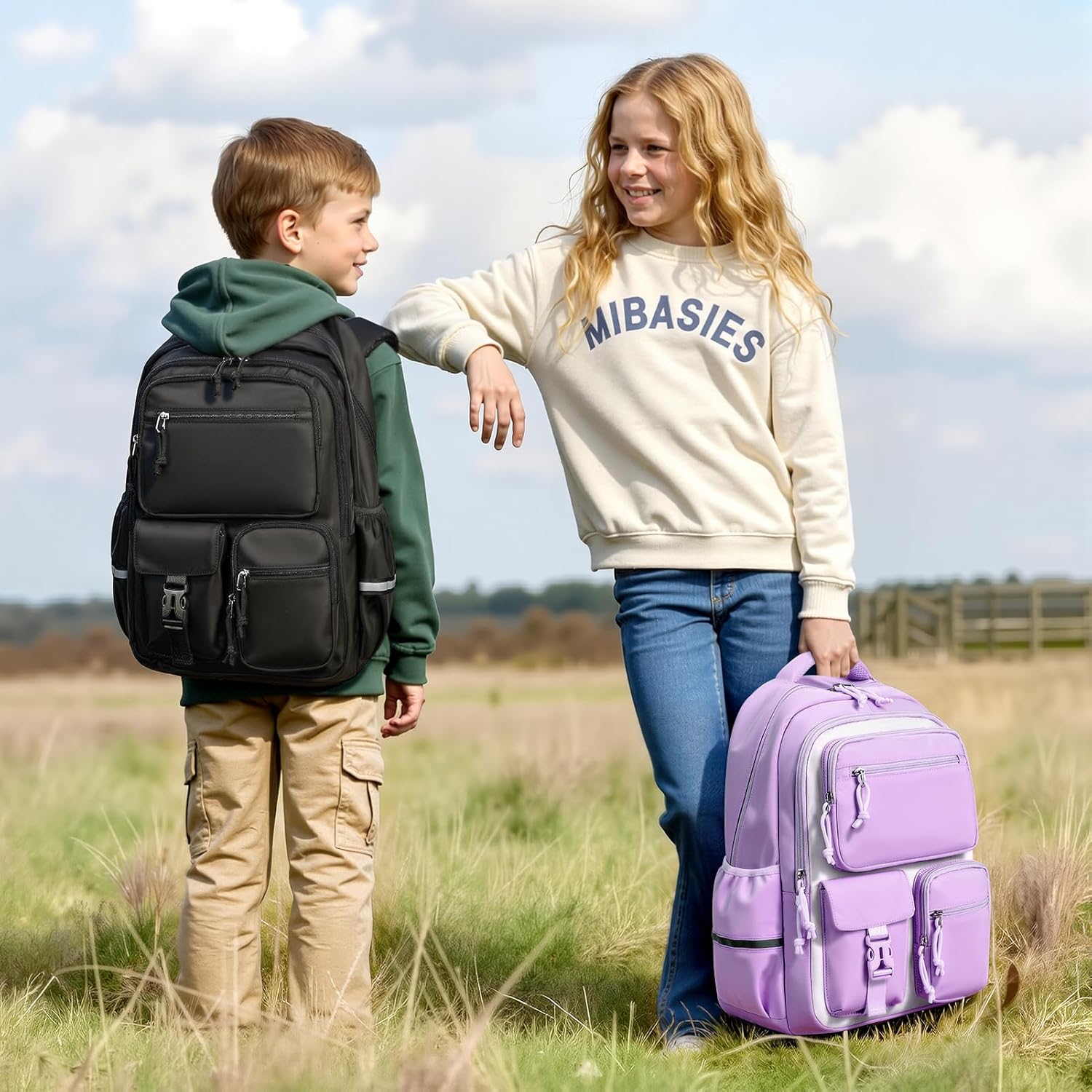 mibasies School Backpack for Teen Girls: 17.9 IN Backpack for Women with Laptop Compartment for Middle High Elementary School College Travel- Kids Bookbag Light Purple Beige - Image 2