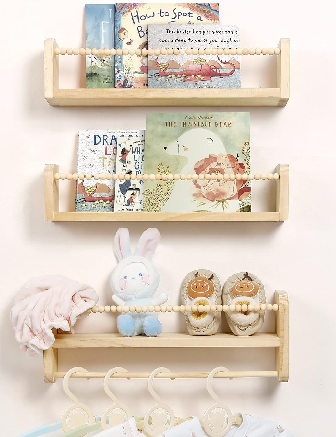 Mazjoaru Estantería de pared para habitación infantil de madera, juego de 3 unidades con diseño de perlas de madera, decoración de pared, para niños, baño, salón