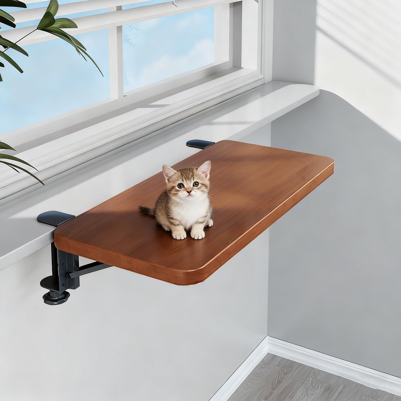 Mensola per Davanzale Finestra Trespolo Pieghevole per Gatti con Morsetto di Supporto, Tavolo Estensibile per Davanzale Senza Fori, Pannello di Estensione(Light brown,17.5x25cm(6 7/8x9 7/8"))
