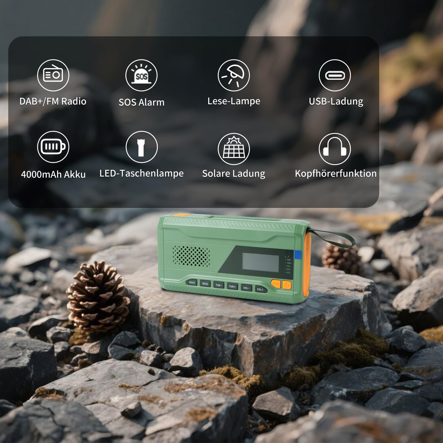 Radio d'urgence, à manivelle, FM/DAB+/DAB, portable, avec batterie externe de 4000 mAh, chargeur de téléphone, charge USB, manivelle, alarme SOS, lampe de poche 3 modes, pour extérieur, camping