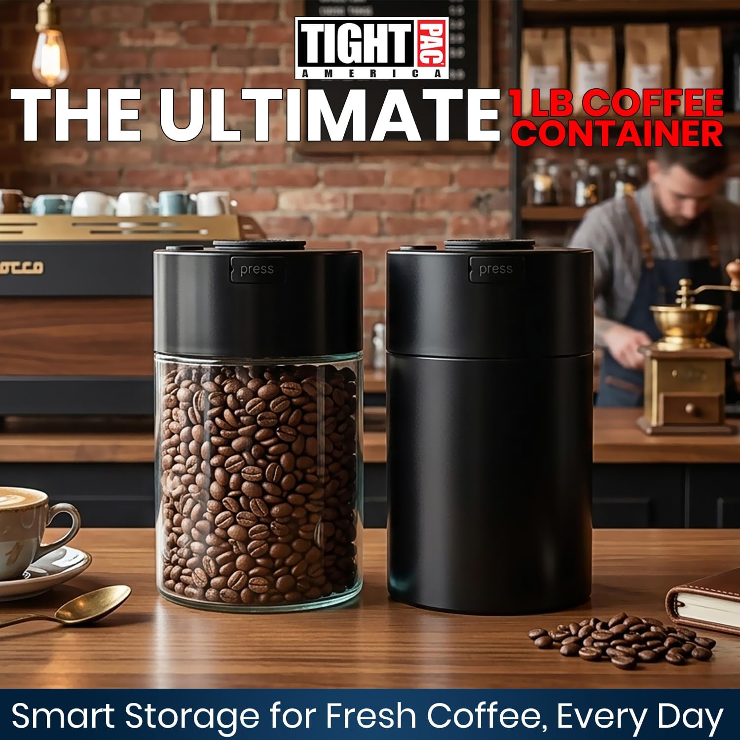 COFFEEVAC Pump It Out Airtight Coffee Container - Vacuum Coffee Storage Container for Ground Coffee Beans - Patented Vacuum Seal with Degassing Valve, 1 lb, Black