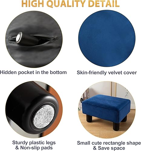 Miniatura 18 de Taburete pequeño acolchado de piel beige, reposapiés otomano de almacenamiento con patas de madera, 9.5 pulgadas, silla rectangular moderna,