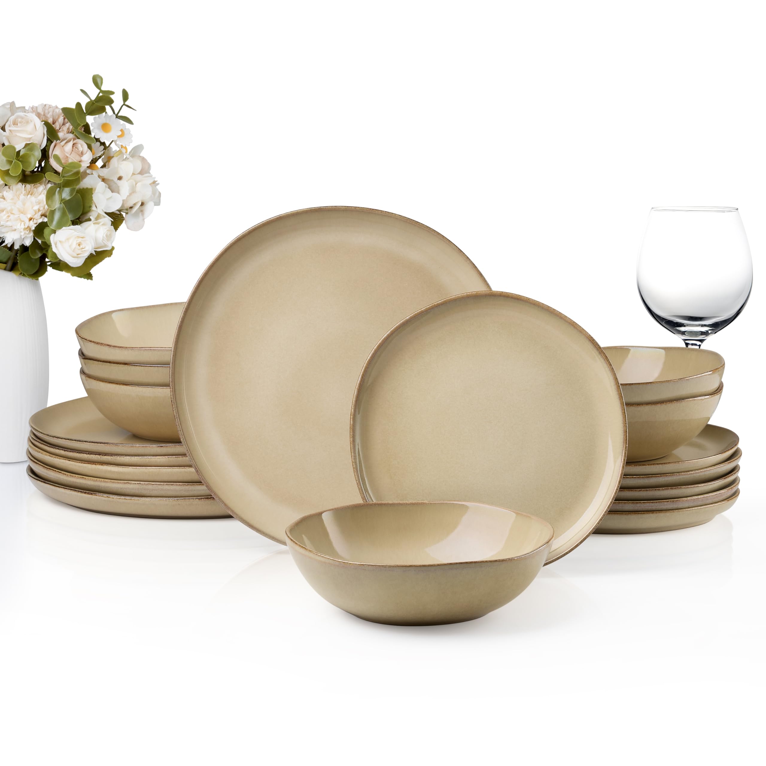 HaWare Plates and Bowls Set, Stoneware Dinnerware Sets, 18-Piece Hand-painted Dishware for 6, Scratch Resistant Ceramic Dinner Set for Home Kitchen, Microwave and Dishwasher Safe, Reactive Sandy Khaki ( incomplete only 8 pcs )) 