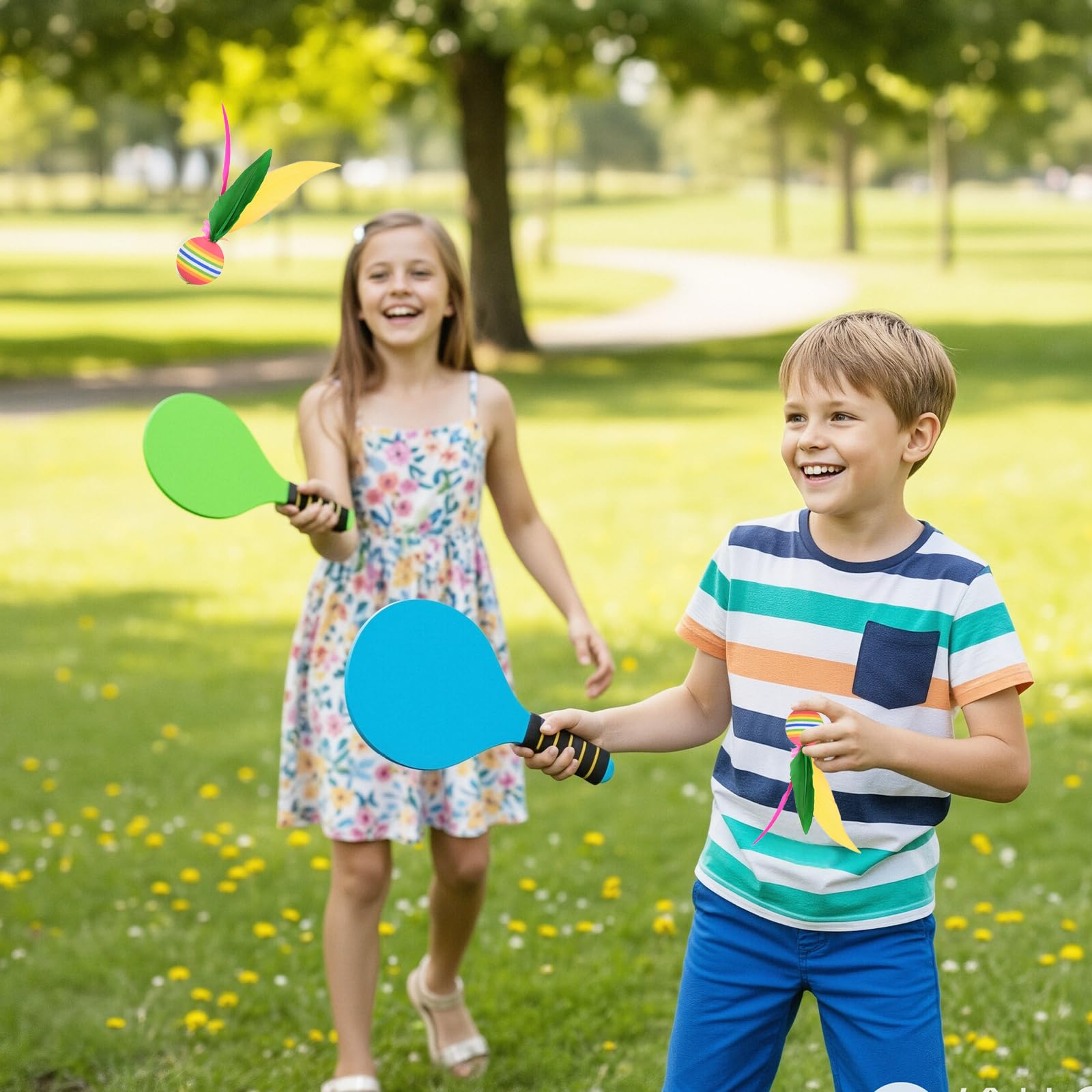 Beach Ball Spiel Set, Strandball Schlägerset für Kinder, Beachball Set with 2 Schläger 6 Federbälle 1 Tasche, Paddleball Spielset für Kinder&Familie für Garten Strand Party