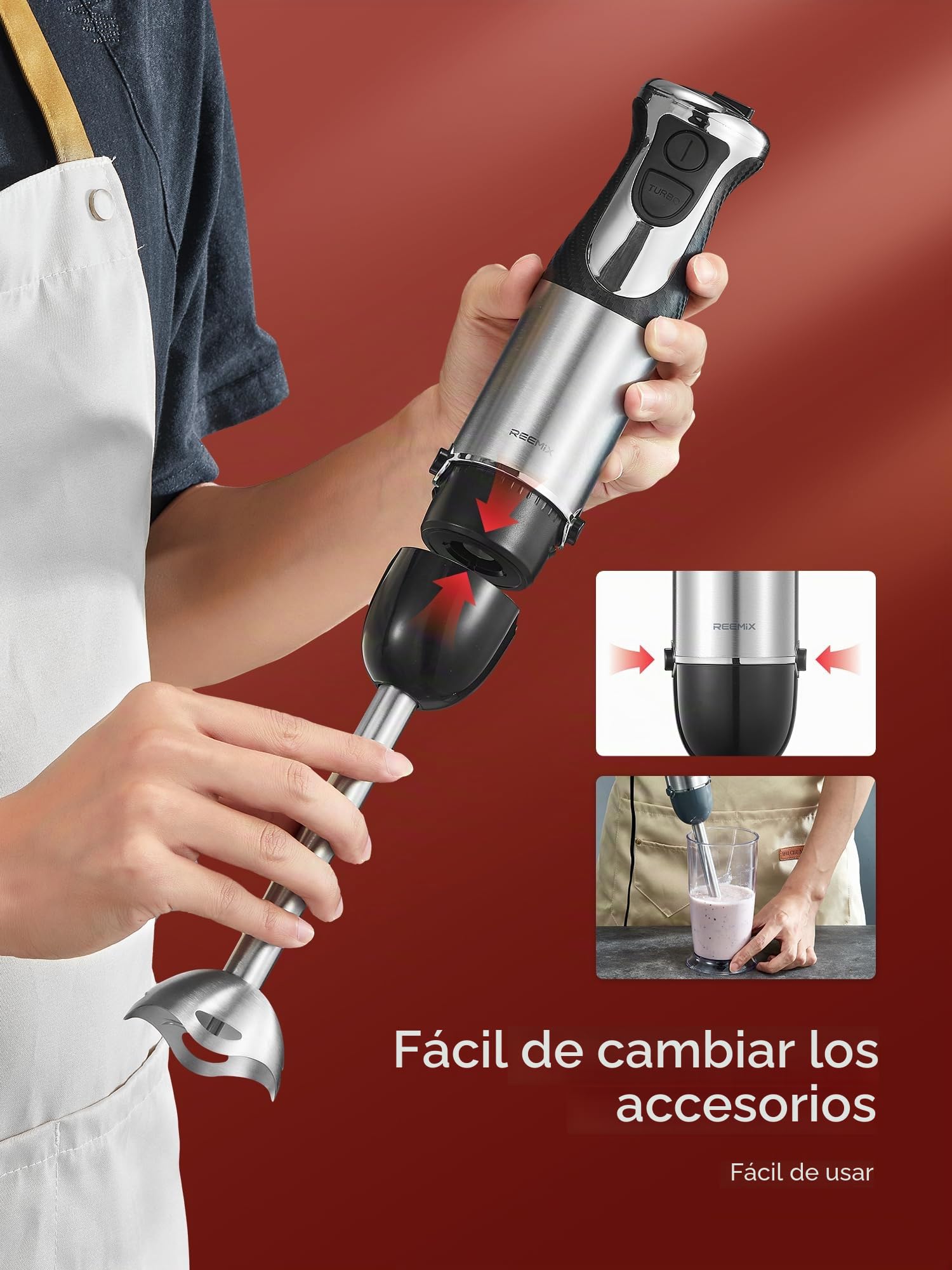 Batidora de Mano 5 en 1 de 1000W, Batidora de Inmersión Profesional con 12 Velocidades y Función Turbo, Incluye Picadora de 500ml, Vaso Medidor de 600ml, Batidor de Varillas y Espumador de Leche