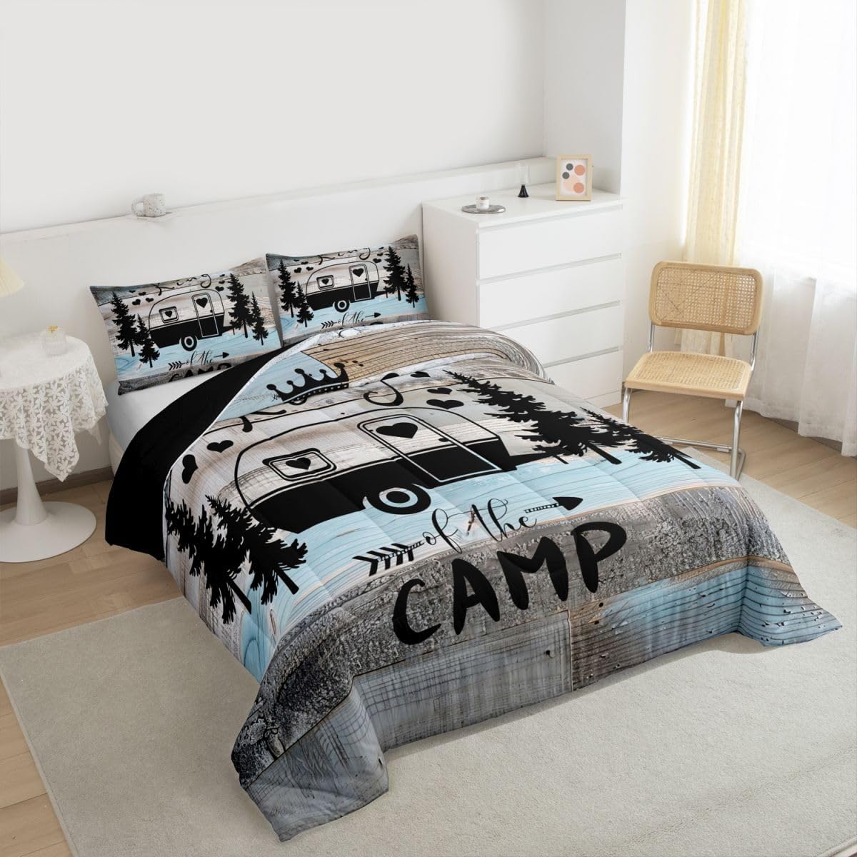 Rustic Farmhouse Style Comforter Set - King Size Happy Camping Black Sketch Drawing Duvet Insert Ultra Soft Inner Fill Bedding 3 Pieces with 2 Pillowcases