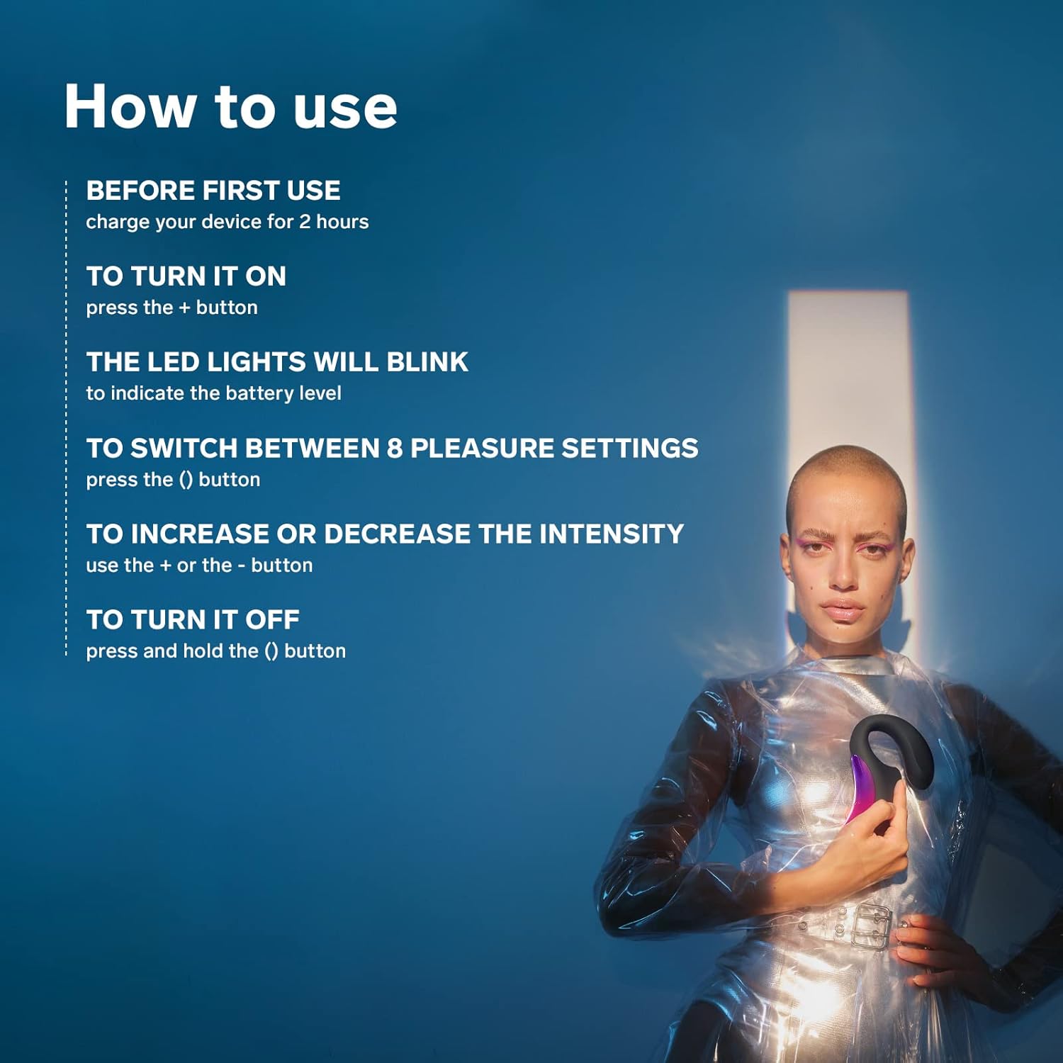 Graphic showing how to charge the LELO Enigma and its controls.