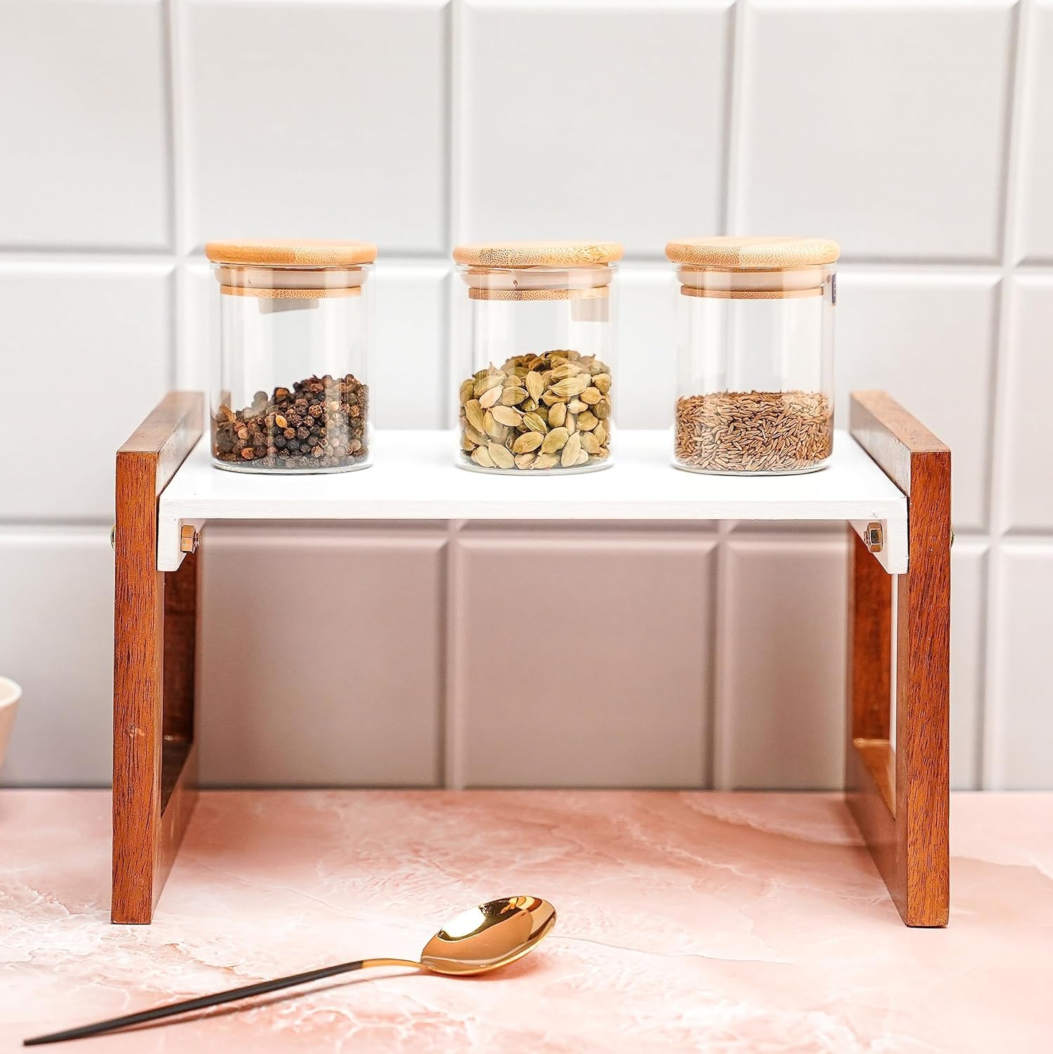 Onija Wooden Multipurpose Dish Rack/Storage Shelves For Kitchen Cabinets/Plate Stand/Utensil Rack/Counter Top Organizer (White, Tiered Shelf) - Free Standing