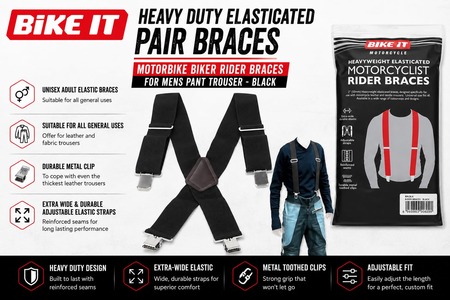 BIKEIT HEAVY DUTY ELASTICATED PAIR BRACES Motorbike Biker Rider Braces For Mens Pant Trouser