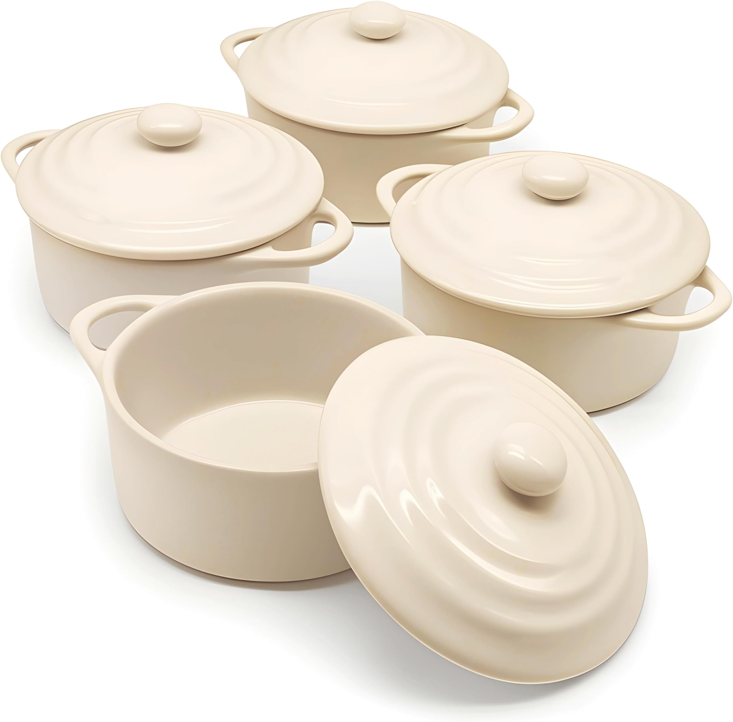 Kook Ceramic Mini Cocotte Set, Small Casserole Dishes with Lids and Handles, Individual Baking Ramekins, Oven, Microwave & Dishwasher Safe, Stoneware, 12 oz, Set of 4, (Ivory)